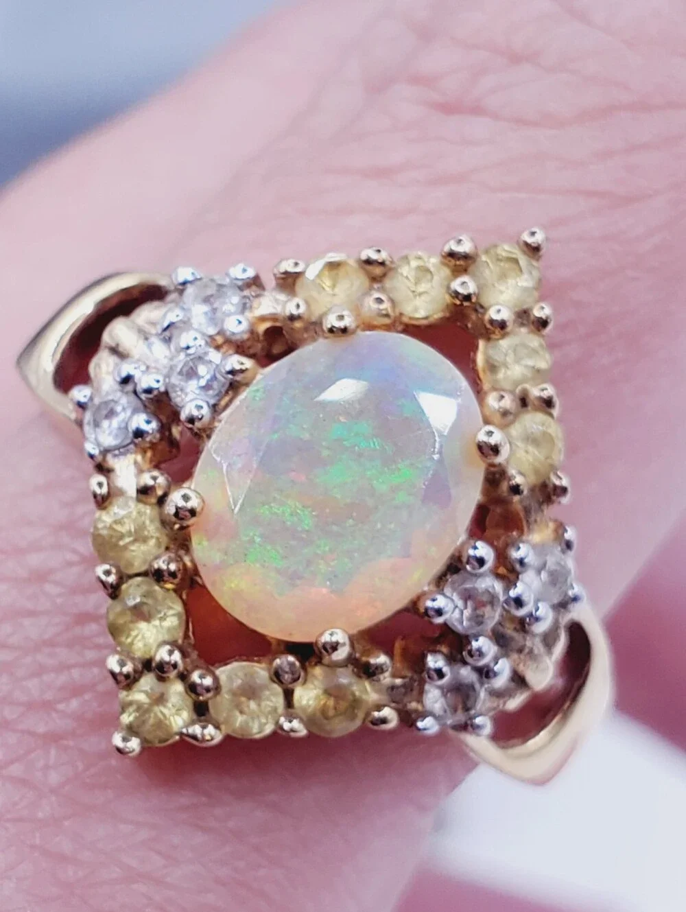 Genuine Faceted Opal Yellow Gold - 925 Sterling Silver Ring